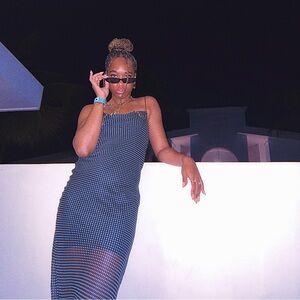 Black and White Maxi dress with mesh overlay and spaghetti straps